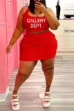 Red Street Print Letter U Neck Plus Size Two Pieces