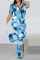 Deep Blue Casual Mixed Printing Printing Zipper Collar Short Sleeve Two Pieces