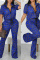 Deep Blue Casual Mixed Printing Printing Zipper Collar Short Sleeve Two Pieces