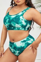 Green Sexy Print Tie Dye Backless Spaghetti Strap Plus Size Swimwear (With Paddings)