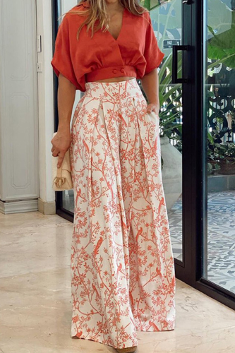 Red Fashion Print Patchwork V Neck Short Sleeve Two Pieces
