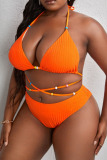 Tangerine Red Sexy Solid Bandage Patchwork Halter Plus Size Swimwear