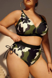 Army Green Sexy Print Camouflage Print Patchwork V Neck Plus Size Swimwear