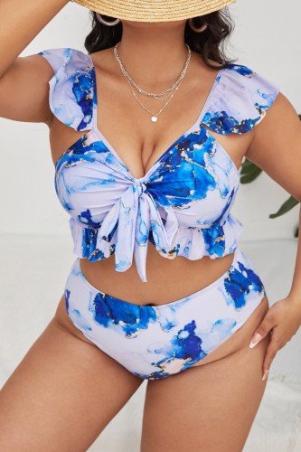 Blue Sexy Print Backless V Neck Plus Size Swimwear (With Paddings)