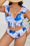 Blue Sexy Print Backless V Neck Plus Size Swimwear (With Paddings)