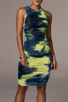 Green Casual Print Patchwork O Neck Pencil Skirt Dresses