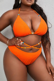 Tangerine Red Sexy Solid Bandage Patchwork Halter Plus Size Swimwear