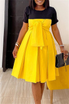 Yellow Casual Solid Patchwork Contrast O Neck A Line Dresses