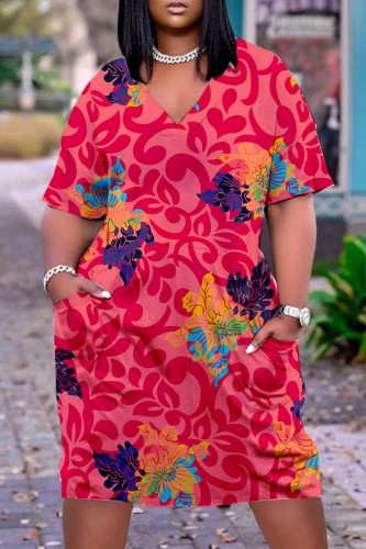 Red Casual Print Patchwork V Neck Short Sleeve Dress