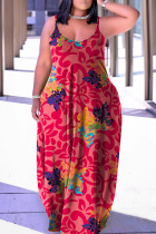 Rose Pink Casual Print Patchwork Spaghetti Strap Lantern Skirt Plus Size Dresses