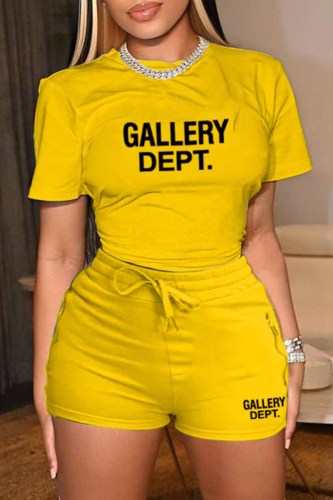 Yellow Casual Print Letter O Neck Short Sleeve Two Pieces