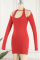 Red Sexy Casual Solid Hollowed Out Halter Long Sleeve Dresses