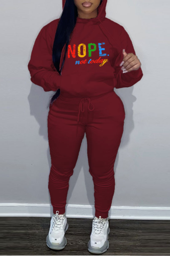 Burgundy Street Print Draw String Hooded Collar Plus Size Two Pieces