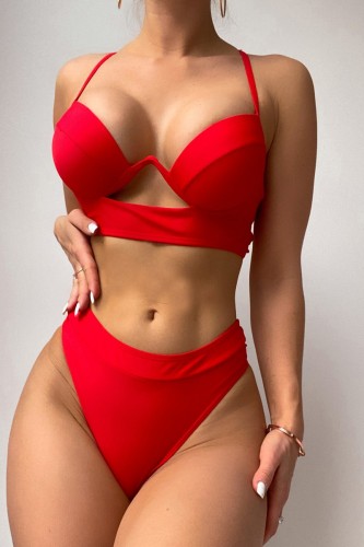 Red Sexy Solid Backless Cross Straps Swimwears (With Paddings)