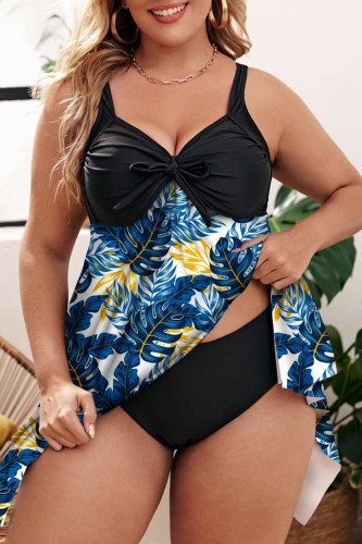 Blue Black Sexy Print Solid Patchwork Backless V Neck Plus Size Swimwear (With Paddings)
