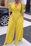 Yellow Casual Solid Patchwork Fold V Neck Straight Jumpsuits