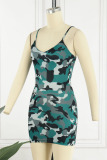 Army Green Sexy Camouflage Print Patchwork Spaghetti Strap Pencil Skirt Dresses