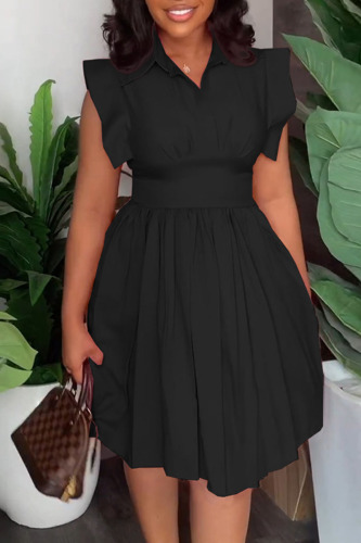 Black Casual Sweet Solid Patchwork Fold Turndown Collar A Line Dresses
