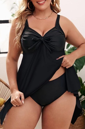 Black Sexy Print Solid Patchwork Backless V Neck Plus Size Swimwear (With Paddings)