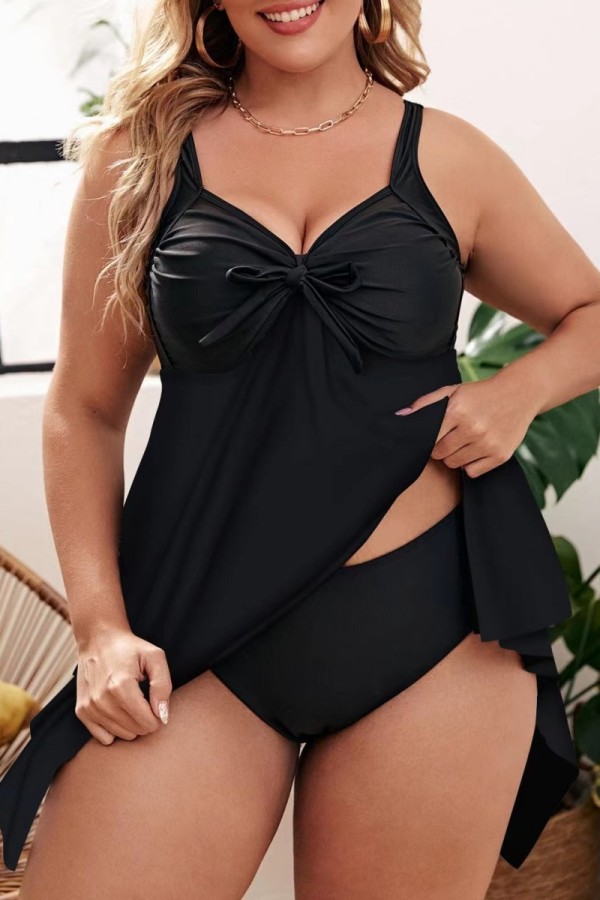Black Sexy Print Solid Patchwork Backless V Neck Plus Size Swimwear (With Paddings)