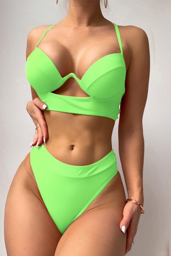 Green Sexy Solid Backless Cross Straps Swimwears (With Paddings)