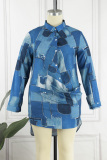 Blue Casual Print Basic Shirt Collar Long Sleeve Plus Size Dresses