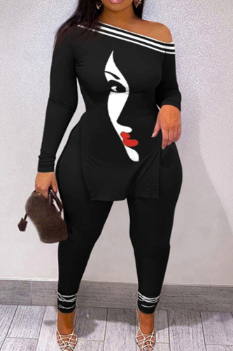 Black Casual Street Print Patchwork Slit Oblique Collar Plus Size Two Pieces