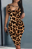 Leopard Print Casual Print Patchwork U Neck One Step Skirt Dresses