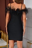 Black Sexy Solid Patchwork Feathers Backless Off the Shoulder Sling Dress Dresses