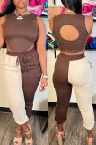 Brown Sexy Solid Hollowed Out Patchwork Backless Asymmetrical O Neck Sleeveless Two Pieces