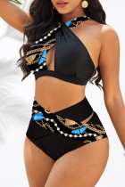 Black Sexy Print Hollowed Out Patchwork Backless Swimwears (With Paddings)