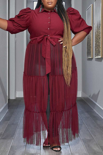 Burgundy Casual Elegant Solid Patchwork Buckle Fold Turndown Collar Cake Skirt Plus Size Dresses