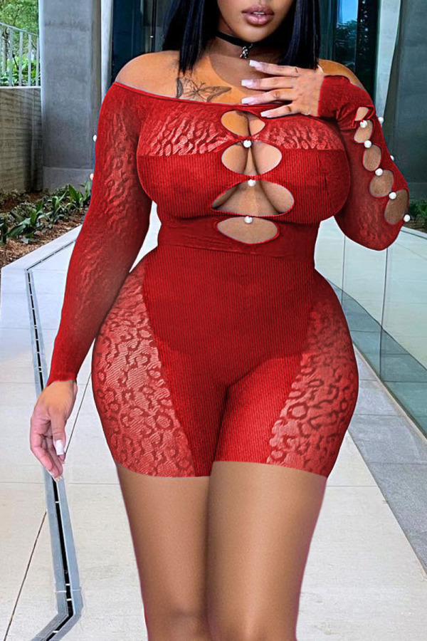 Red Sexy Solid Hollowed Out Patchwork See-through Pearl Off the Shoulder Skinny Rompers