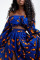 Blue Vintage Elegant Print Patchwork Off the Shoulder Tops