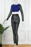 Blue Sexy Patchwork Hot Drilling See-through Contrast O Neck Long Sleeve Two Pieces