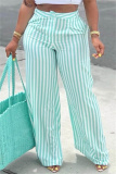 Green Fashion Casual Striped Print Patchwork Regular High Waist Trousers