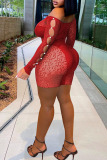 Red Sexy Solid Hollowed Out Patchwork See-through Pearl Off the Shoulder Skinny Rompers