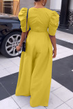 Yellow Casual Solid Patchwork Fold V Neck Straight Jumpsuits