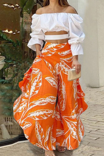 Orange Red Casual Sweet Print Patchwork Stringy Selvedge Off the Shoulder Long Sleeve Two Pieces