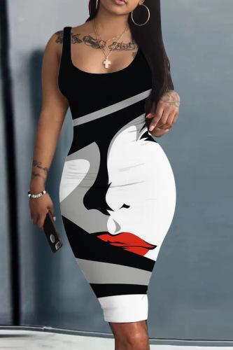 Grey Black Sexy Street Print Patchwork U Neck Pencil Skirt Dresses