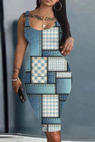 Light Blue Casual Print Patchwork U Neck One Step Skirt Dresses