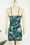 Army Green Sexy Camouflage Print Patchwork Spaghetti Strap Pencil Skirt Dresses