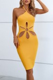 Yellow Sexy Solid Bandage Hollowed Out Backless Halter Sleeveless Dress Dresses
