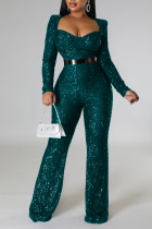 Green Sexy Solid Sequins Patchwork Without Belt Square Collar Straight Jumpsuits