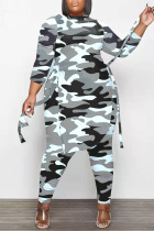 Gray White Casual Print Camouflage Print Bandage Patchwork Asymmetrical O Neck Plus Size Two Pieces