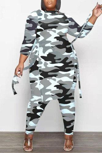 Gray White Casual Print Camouflage Print Bandage Patchwork Asymmetrical O Neck Plus Size Two Pieces