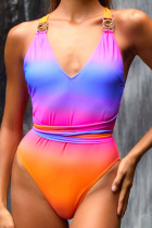 Purple Sexy Gradual Change Print Bandage Patchwork Swimwears