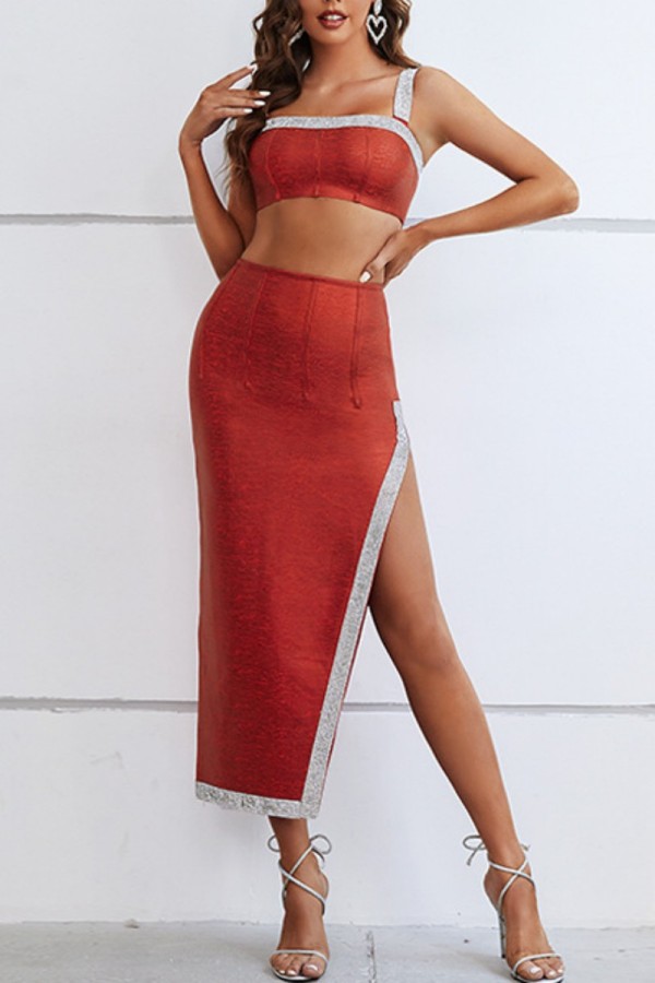 Red Sexy Solid Patchwork Backless Slit Square Collar Sleeveless Two Pieces