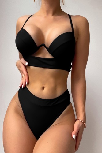 Black Sexy Solid Backless Cross Straps Swimwears (With Paddings)