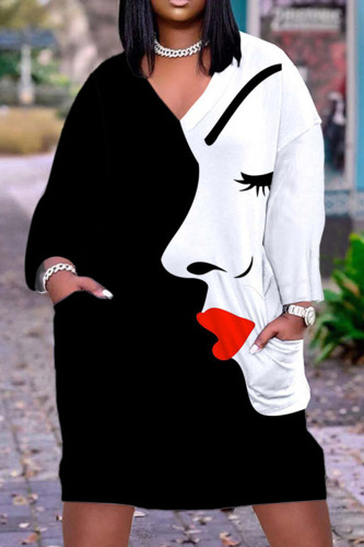 Black White Casual Street Print Patchwork V Neck Printed Dress Dresses